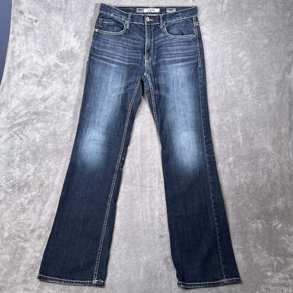 BKE Jake Bootcut Jeans Men 30x32 Blue Dark Wash Stretch Embroidered